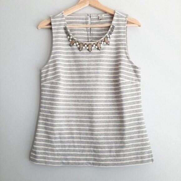 J. CREW / Striped Jeweled Neckline Tank Top Gray & White Sleeveless Sz S - Picture 2 of 11